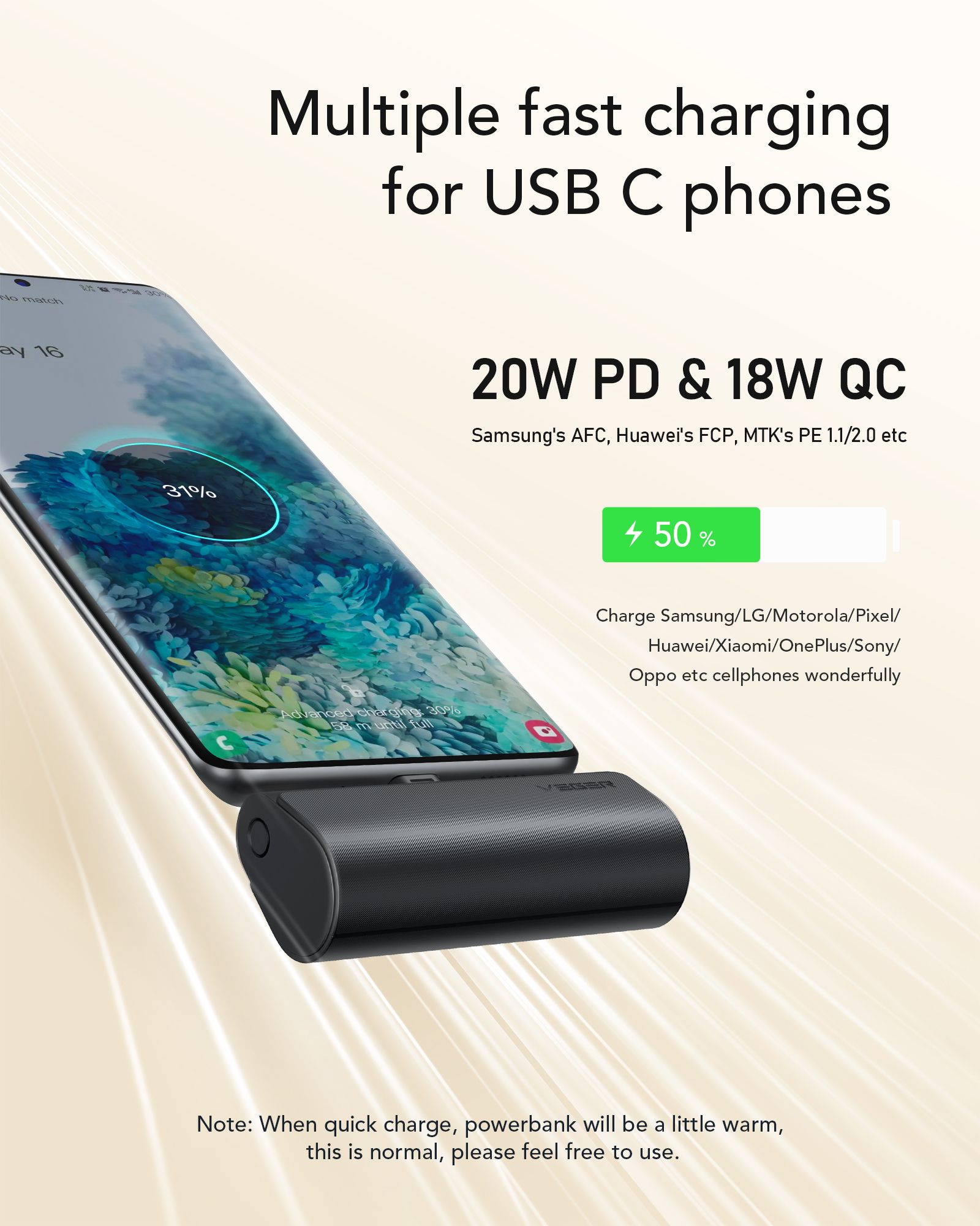 PowerBank VEGER 20W, 5.000 mAh cu adaptor Type-C încorporat, negru