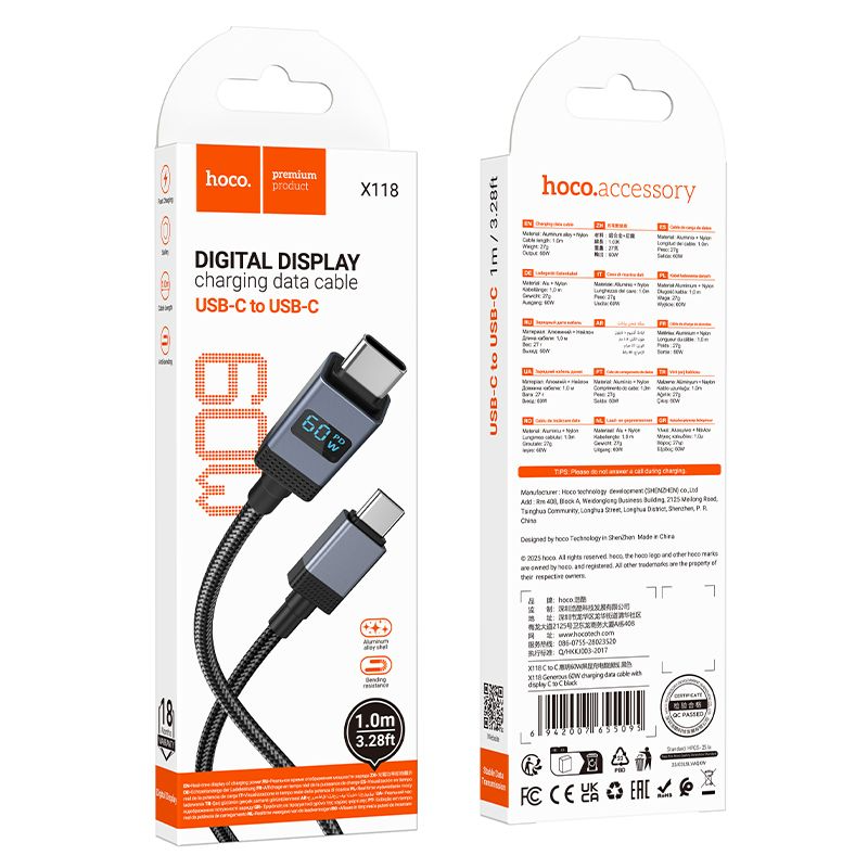 Cablu date și încărcare USB-C la USB-C cu display, 3A, 60W, 1m, Hoco X118, negru