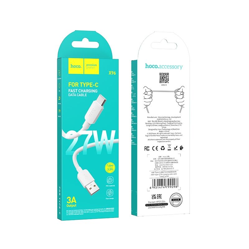 Cablu date și încărcare USB-A la USB-C, PD 2,4A, 27W, 1m, Hoco X96, alb