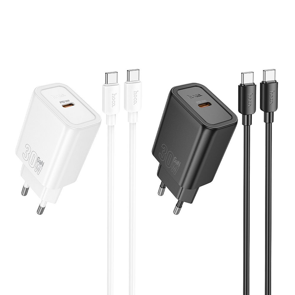 Încărcător telefon USB-C cu cablu USB-C la USB-C, PD QC 30W, 1m, Hoco N62, alb
