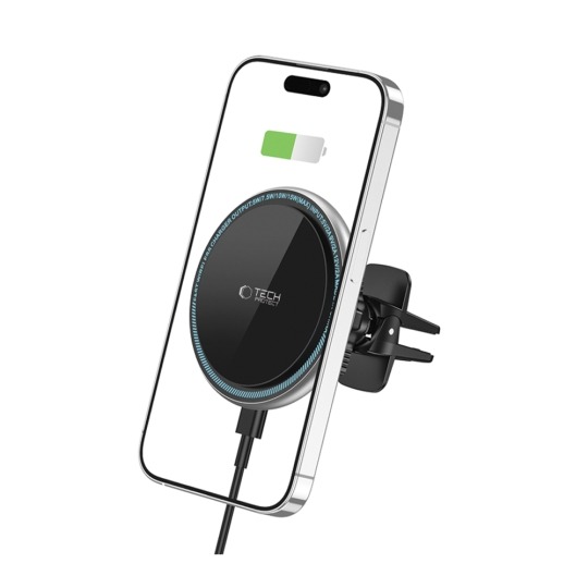 Suport auto magnetic Tech-Protect cu încărcare wireless 15W, compatibil MagSafe, negru