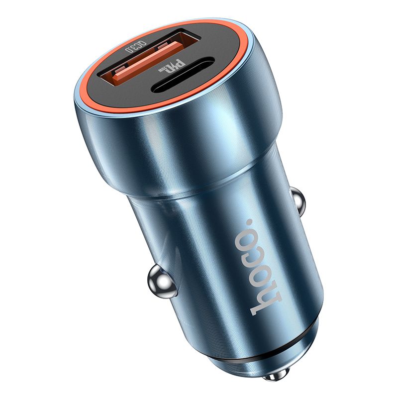Încărcător auto USB-A + USB-C, PD QC3.0, 3A, 20W, Hoco Z46A, albastru safir