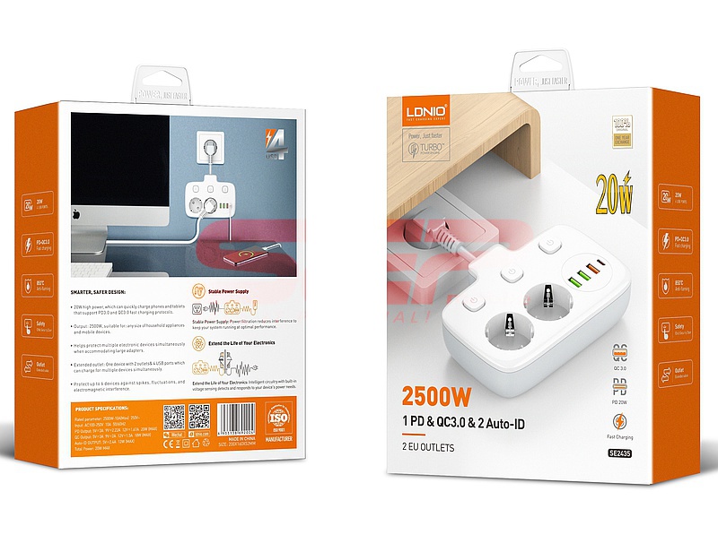 Prelungitor LDNIO cu 2 prize, 3 porturi USB-A si un port USB-C