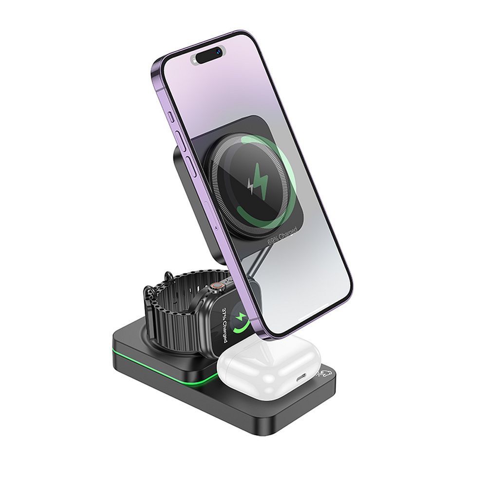 Încărcător wireless hoco. 3 în 1, 15W, pliabil, negru
