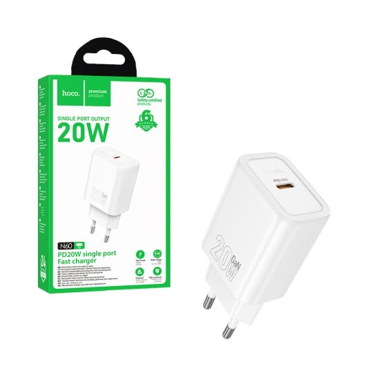 Încărcător telefon USB-C, PD QC, 20W, Hoco N60, alb