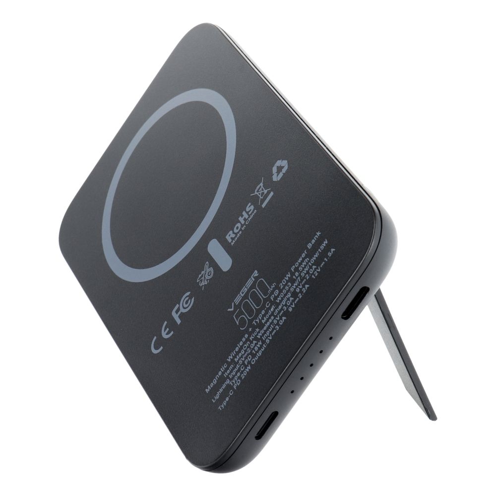 Baterie externă / PowerBank VEGER 5000 mAh cu încărcare inductivă compatibilă cu MagSafe PD QC3.0 2A 20W MagOn Kick (V0553P / W0553P), negru
