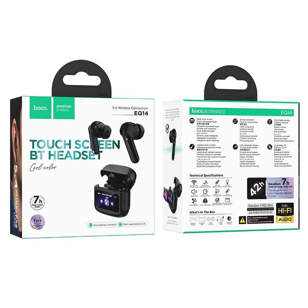 Căști wireless hoco. bluetooth cu ecran tactil TWS EQ14 negre