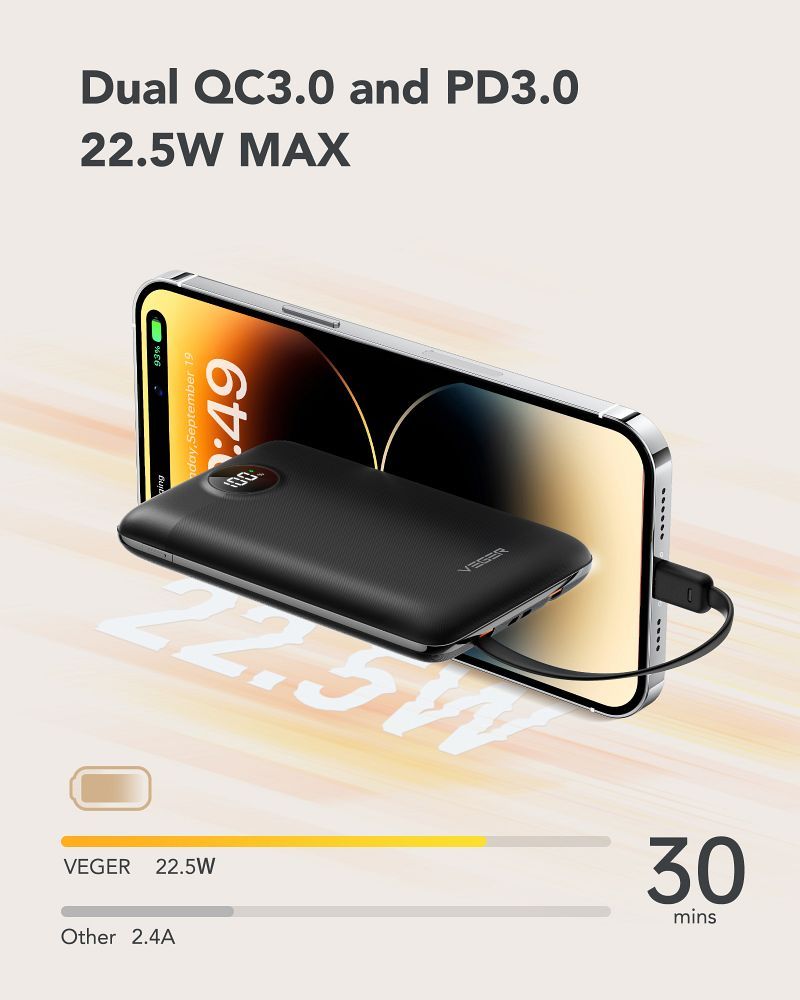 Baterie externă VEGER 10.000 mAh cu cabluri încorporate Tip C / Lightning PD QC3.0 2A 22.5W, C11 (W1170), negru