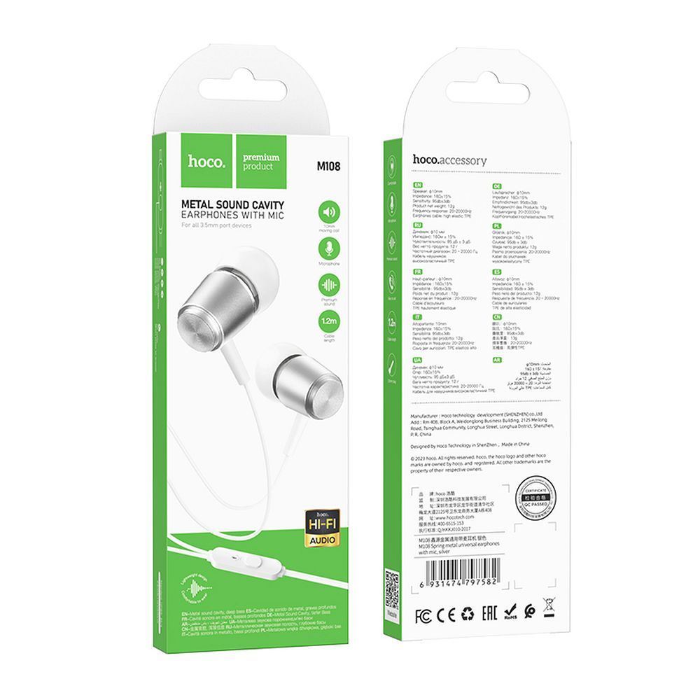 Căști cu fir hoco. cu jack 3,5 mm și microfon, M108, argintii
