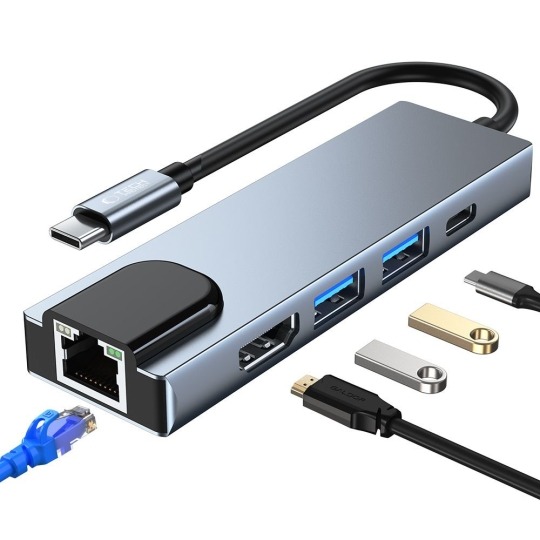 Hub USB-C 5 în 1 Tech-Protect V3, Aluminiu, HDMI 4K, RJ45 Gigabit Ethernet, USB-C Power Delivery, 2x USB 3.0, gri