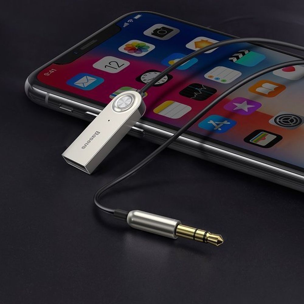 Receptor audio bluetooth 5.0 Baseus BA01 pentru mașină, Adaptor AUX Jack 3.5mm, alimentare USB, Microfon Incorporat Handsfree, Cablu Spiralat, Negru