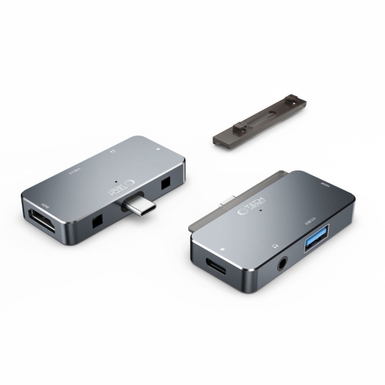 Adaptor HUB aluminiu 4-in-1 TECH-PROTECT V6, USB-C – 1x USB 3.0, 1x USB-C 100W, 1x HDMI 4K 30Hz, 1x Jack 3.5mm, Gri