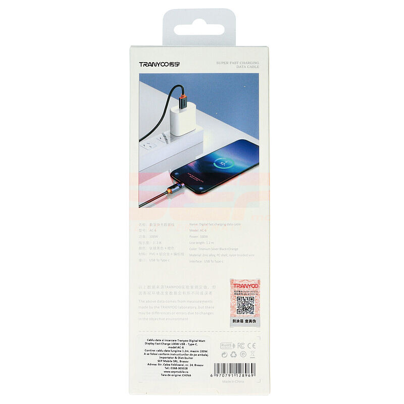 Cablu date Digital Display USB - Type-C 100W Fast Charge TRANYOO AC-6