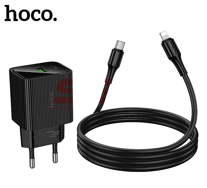 Incarcator retea Fast Charge USB-A + USB-C cu cablu Lightning 20W si display digital Hoco. CS83A