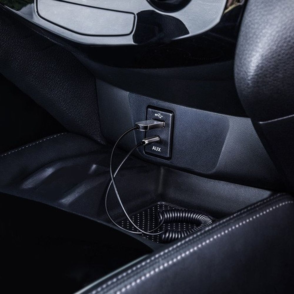 Receptor audio bluetooth 5.0 Baseus BA01 pentru mașină, Adaptor AUX Jack 3.5mm, alimentare USB, Microfon Incorporat Handsfree, Cablu Spiralat, Negru