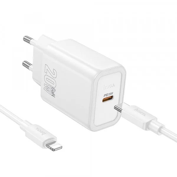 Încărcător telefon USB-C cu cablu USB-C la Lightning, QC PD, 20W, Hoco N60, alb