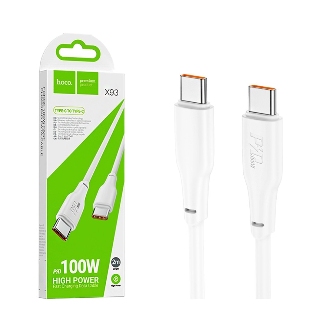 Cablu date și încărcare USB-C la USB-C, 3A, 100W, 2m, Hoco X93, alb