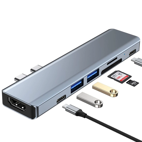 Adaptor HUB aluminiu 7-in-2 Tech-Protect V5 Dual USB Type-C – 2x USB Type-C, 2x USB 3.0, 1x HDMI, 1x MicroSD, 1x SD, gri