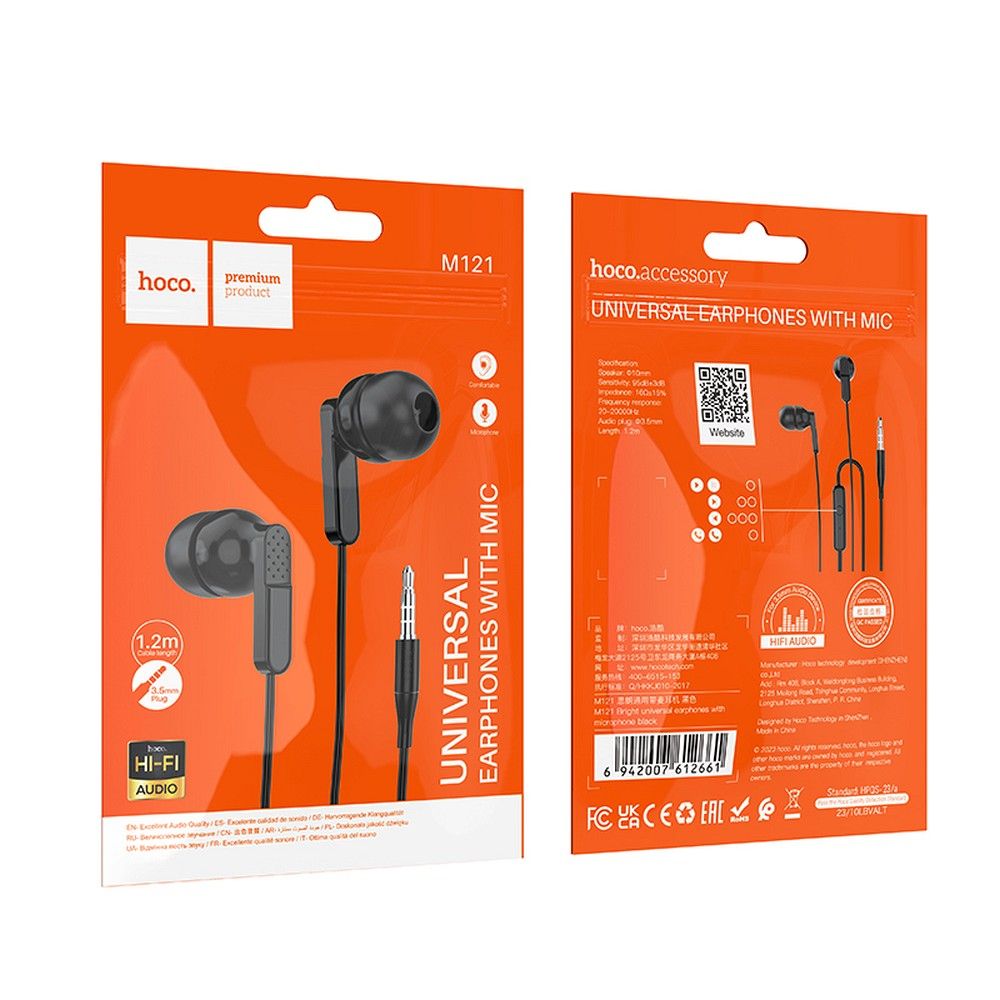 Căști cu fir hoco. Jack 3.5 mm, M121, negre