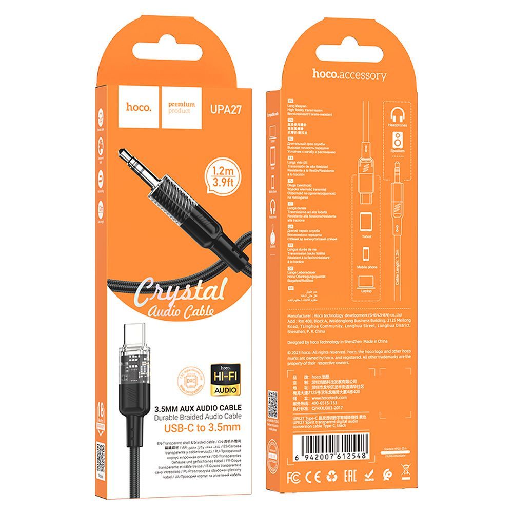 Cablu AUX Jack 3.5mm la USB-C, 1.2m, Hoco UPA27, negru