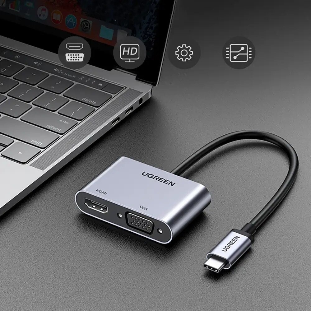 Adaptor video UGREEN CM162 USB-C tata – VGA / HDMI mama, 4K, 30Hz, 2 moduri, 100W, 25cm, silver