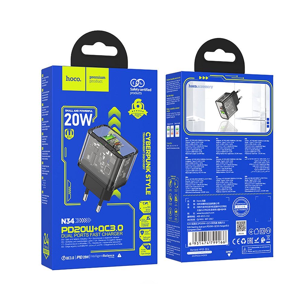 Încărcător telefon USB-A + USB-C, QC3.0 PD 3A, 20W, Hoco N34, transparent