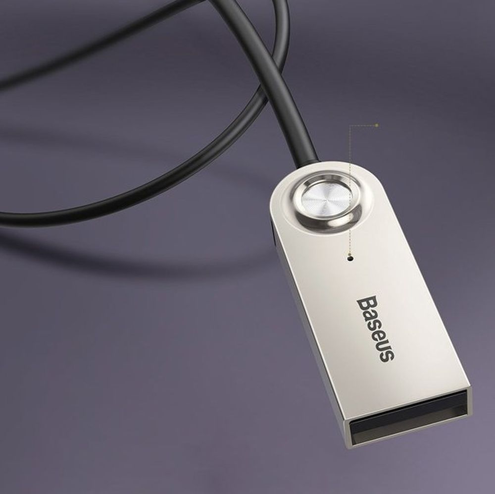 Receptor audio bluetooth 5.0 Baseus BA01 pentru mașină, Adaptor AUX Jack 3.5mm, alimentare USB, Microfon Incorporat Handsfree, Cablu Spiralat, Negru
