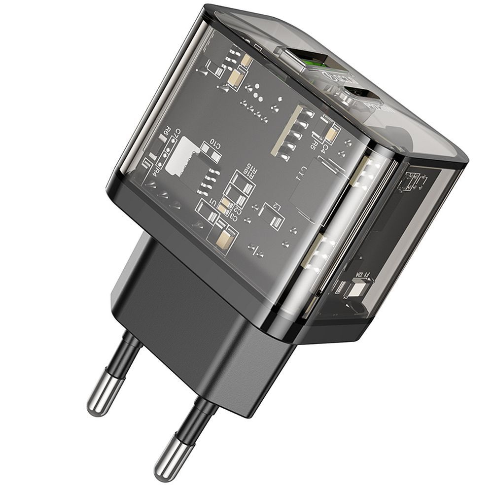Încărcător telefon USB-A + USB-C, QC3.0 PD 3A, 20W, Hoco N34, transparent