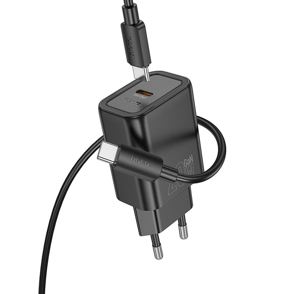 Încărcător rețea USB-C cu cablu USB-C, PD QC, 20W, 1m, Hoco N60, negru