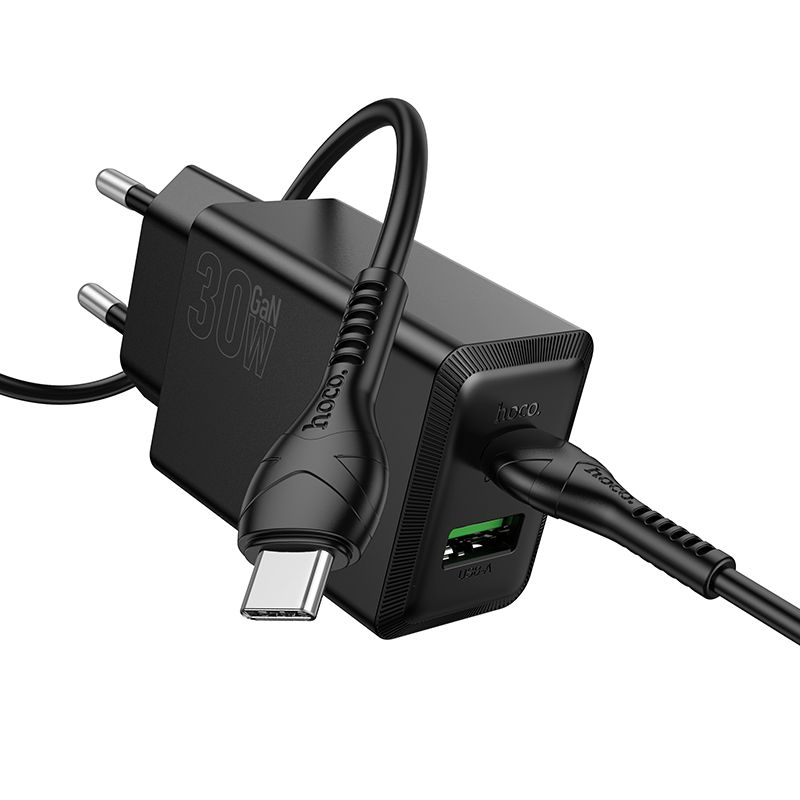 Încărcător telefon USB-A + USB-C cu cablu USB-C la USB-C, QC3.0 PD, AFC, 3A, 30W,  Hoco N71, negru