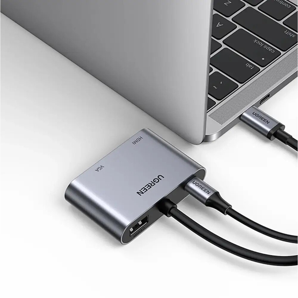 Adaptor video UGREEN CM162 USB-C tata – VGA / HDMI mama, 4K, 30Hz, 2 moduri, 100W, 25cm, silver