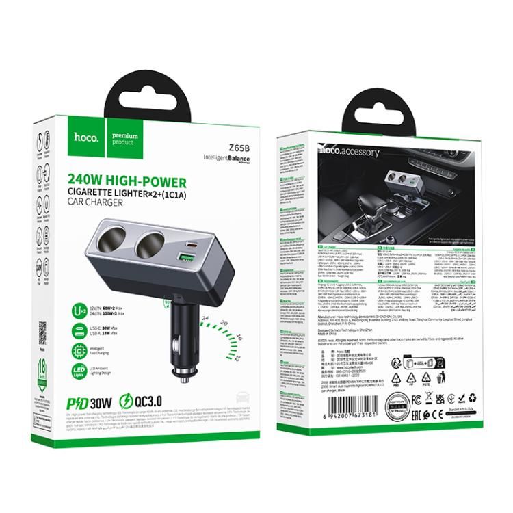 Încărcător auto Hoco cu splitter 1xUSB A + 1xUSB C + 2 porturi brichetă QC3.0 PD max 240W/24V Z65B, negru