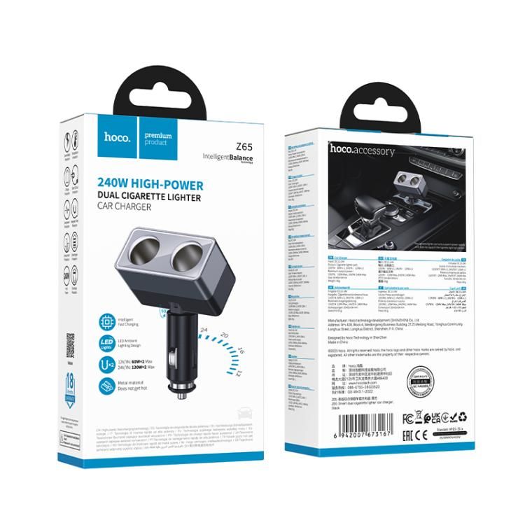 Încărcător auto Hoco cu 2 porturi max 240W/24V Z65, negru
