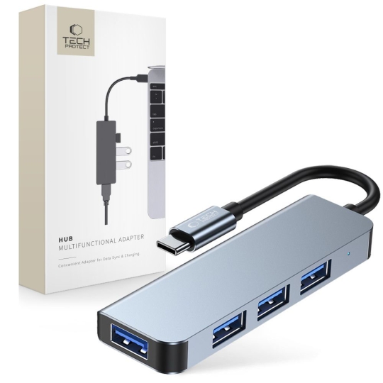 Adaptor HUB aluminiu 4-in-1 Tech-Protect V1 USB Type-C – 4x USB 3.0, Gri
