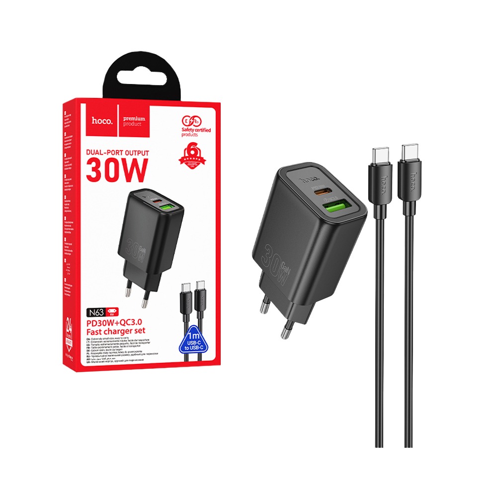 Încărcător rețea USB-A și USB-C cu cablu USB-C, PD QC3.0 3A, 30W, 1 m, Hoco N63, negru