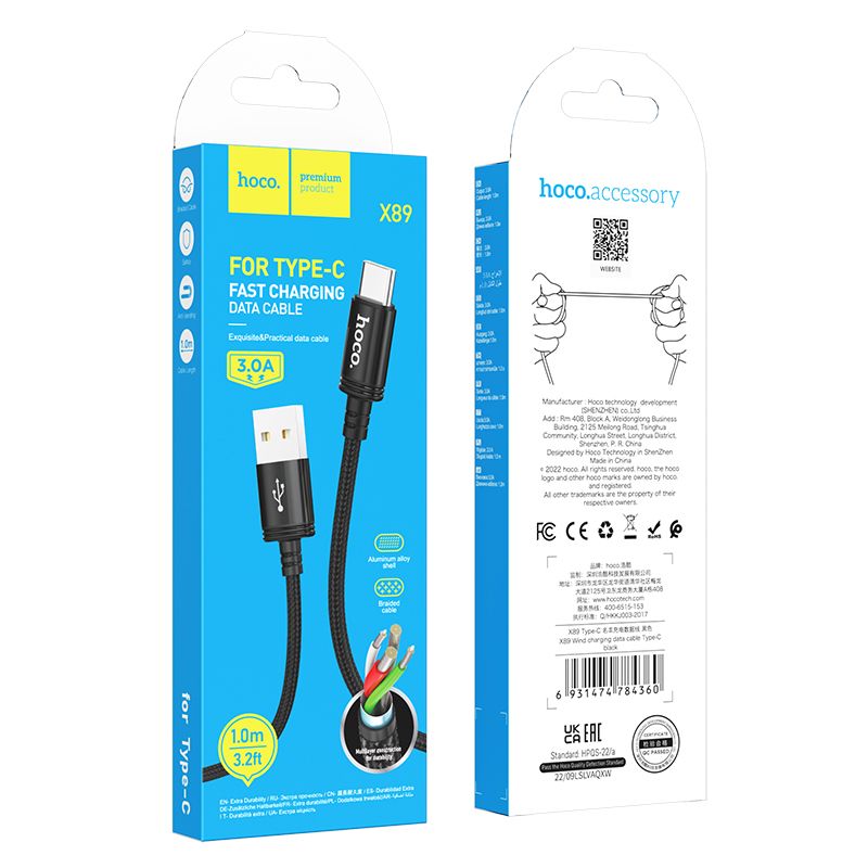 Cablu date și încărcare USB-A la USB-C, 1m, Hoco X89, negru