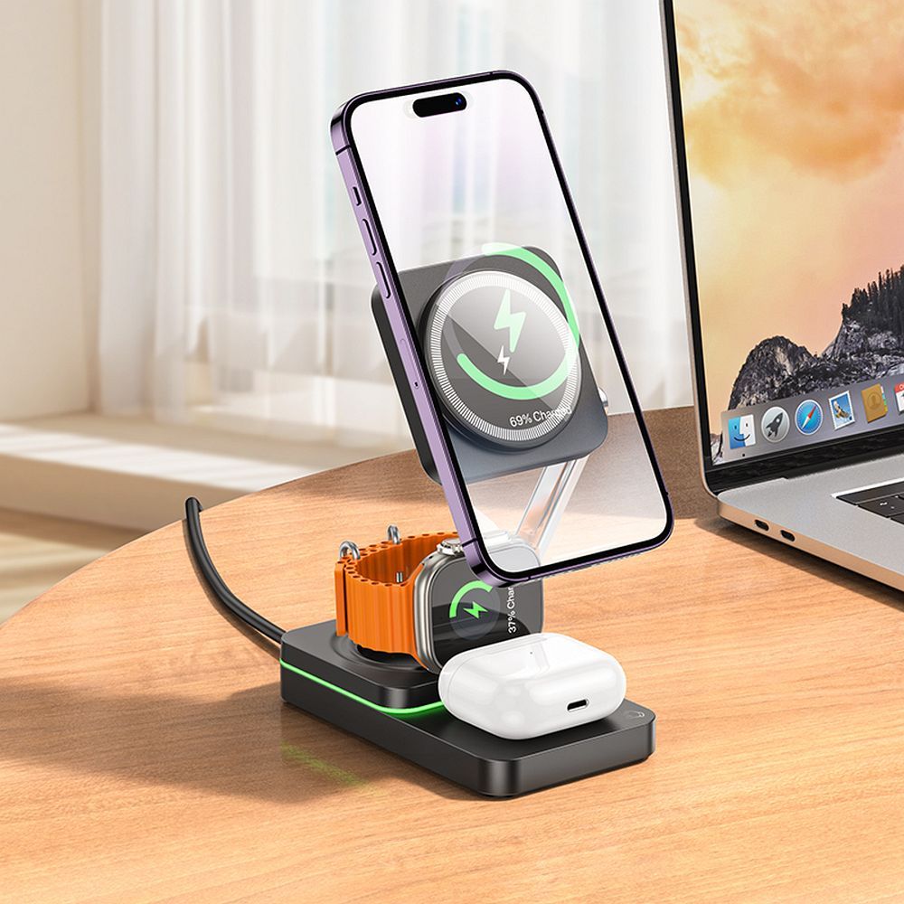 Încărcător wireless hoco. 3 în 1, 15W, pliabil, negru