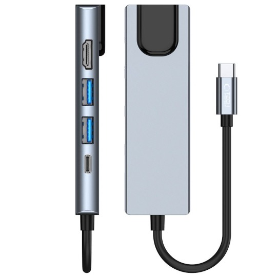 Hub USB-C 5 în 1 Tech-Protect V3, Aluminiu, HDMI 4K, RJ45 Gigabit Ethernet, USB-C Power Delivery, 2x USB 3.0, gri
