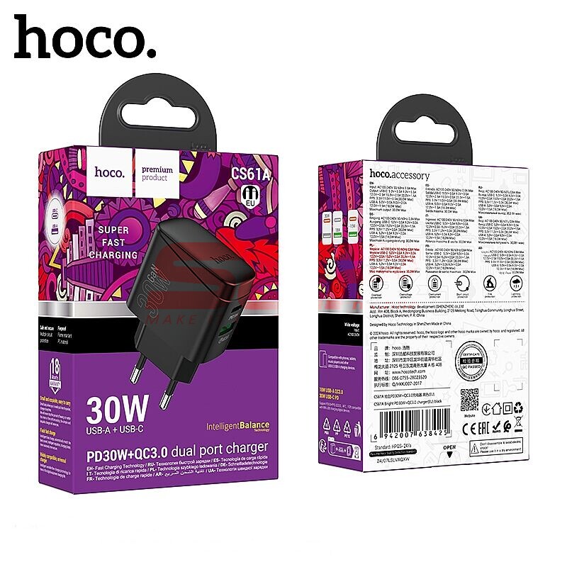 Incarcator retea Super Fast Charging USB-A + USB-C 30W Hoco. CS61A