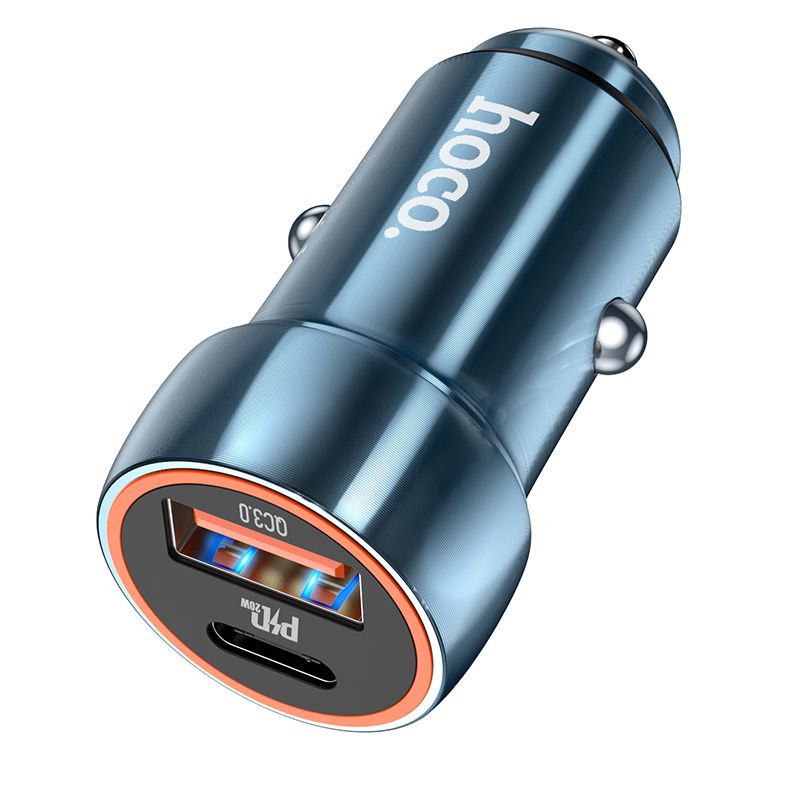 Încărcător auto USB-A + USB-C, PD QC3.0, 3A, 20W, Hoco Z46A, albastru safir