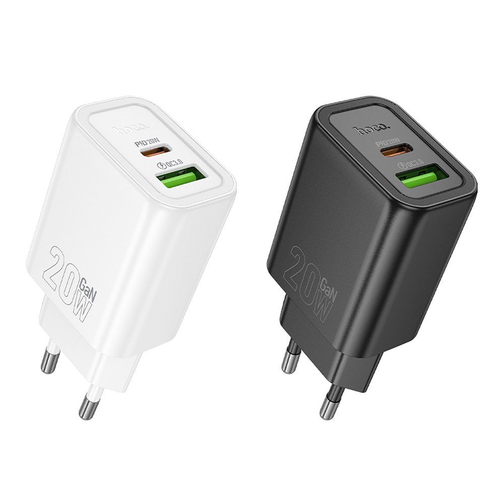 Încărcător telefon USB-A și USB-C, PD QC3.0 3A, 20W, Hoco N61, negru