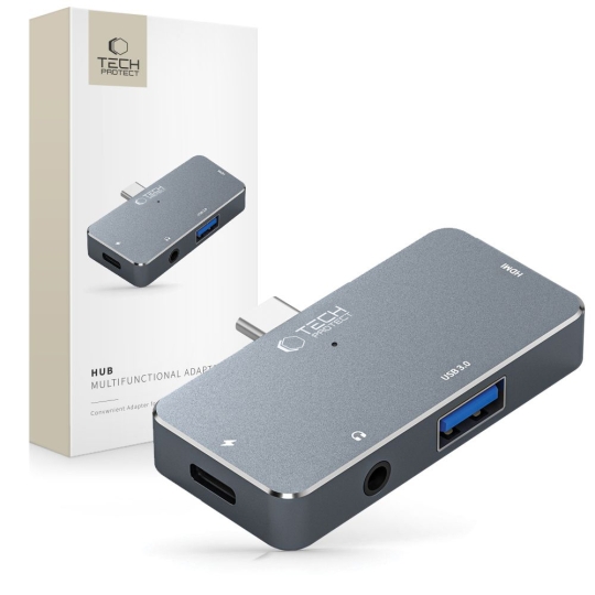 Adaptor HUB aluminiu 4-in-1 TECH-PROTECT V6, USB-C – 1x USB 3.0, 1x USB-C 100W, 1x HDMI 4K 30Hz, 1x Jack 3.5mm, Gri