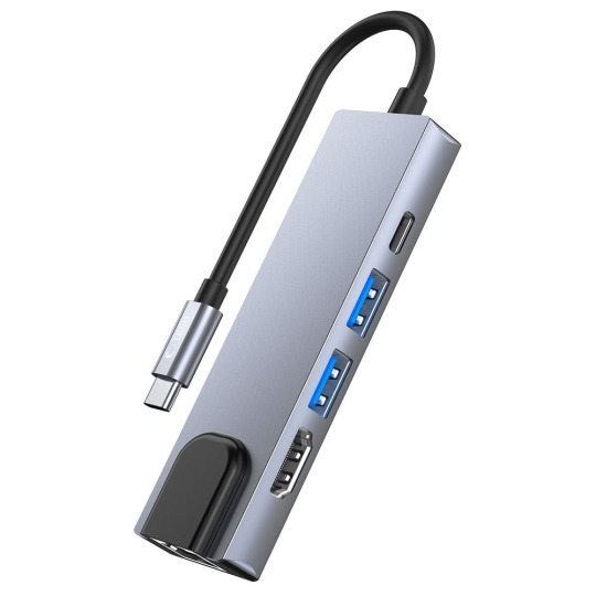 Hub USB-C 5 în 1 Tech-Protect V3, Aluminiu, HDMI 4K, RJ45 Gigabit Ethernet, USB-C Power Delivery, 2x USB 3.0, gri