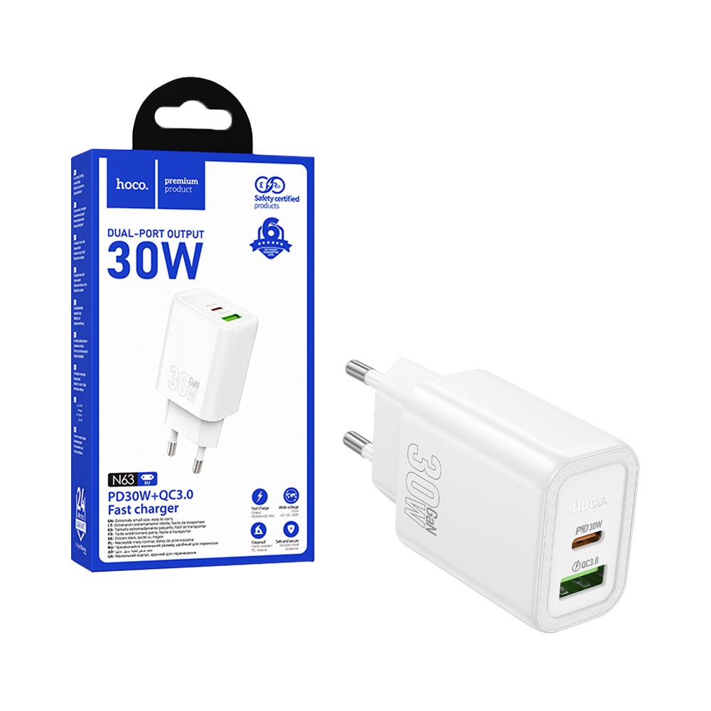 Încărcător telefon hoco. USB-A și USB-C, PD QC3.0 3A, N63, 30W, alb