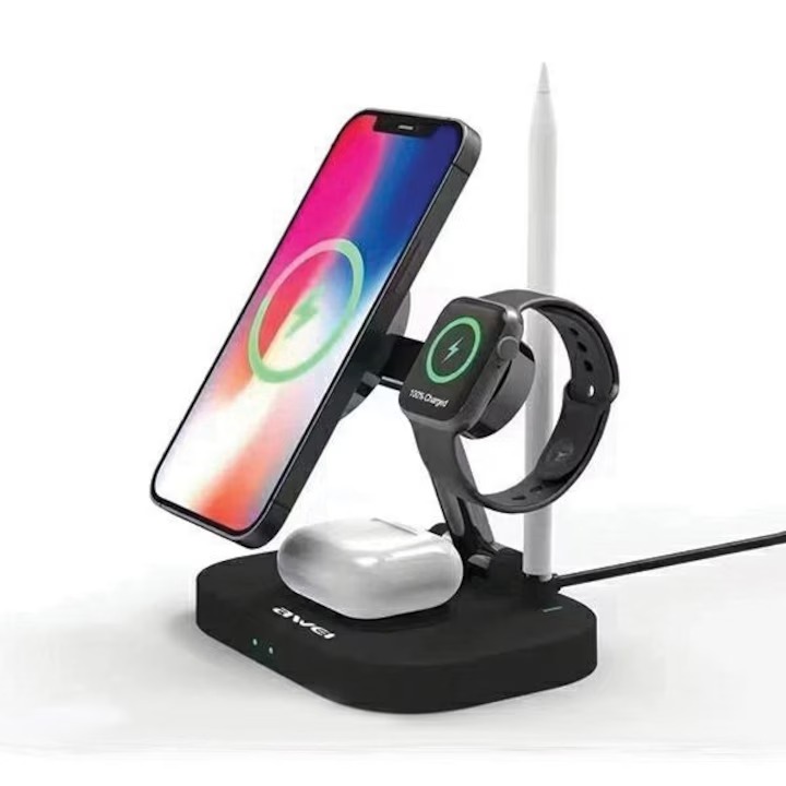 Încărcător wireless 4 în 1 Awei W22, încărcare rapidă 15W, negru