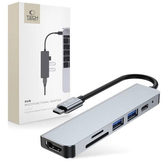 Adaptor HUB aluminiu 6-in-1 Tech-Protect V4 USB Type-C – 2x USB 3.0, 1x USB Type-C, 1x HDMI, 1x MicroSD, 1x SD, Gri