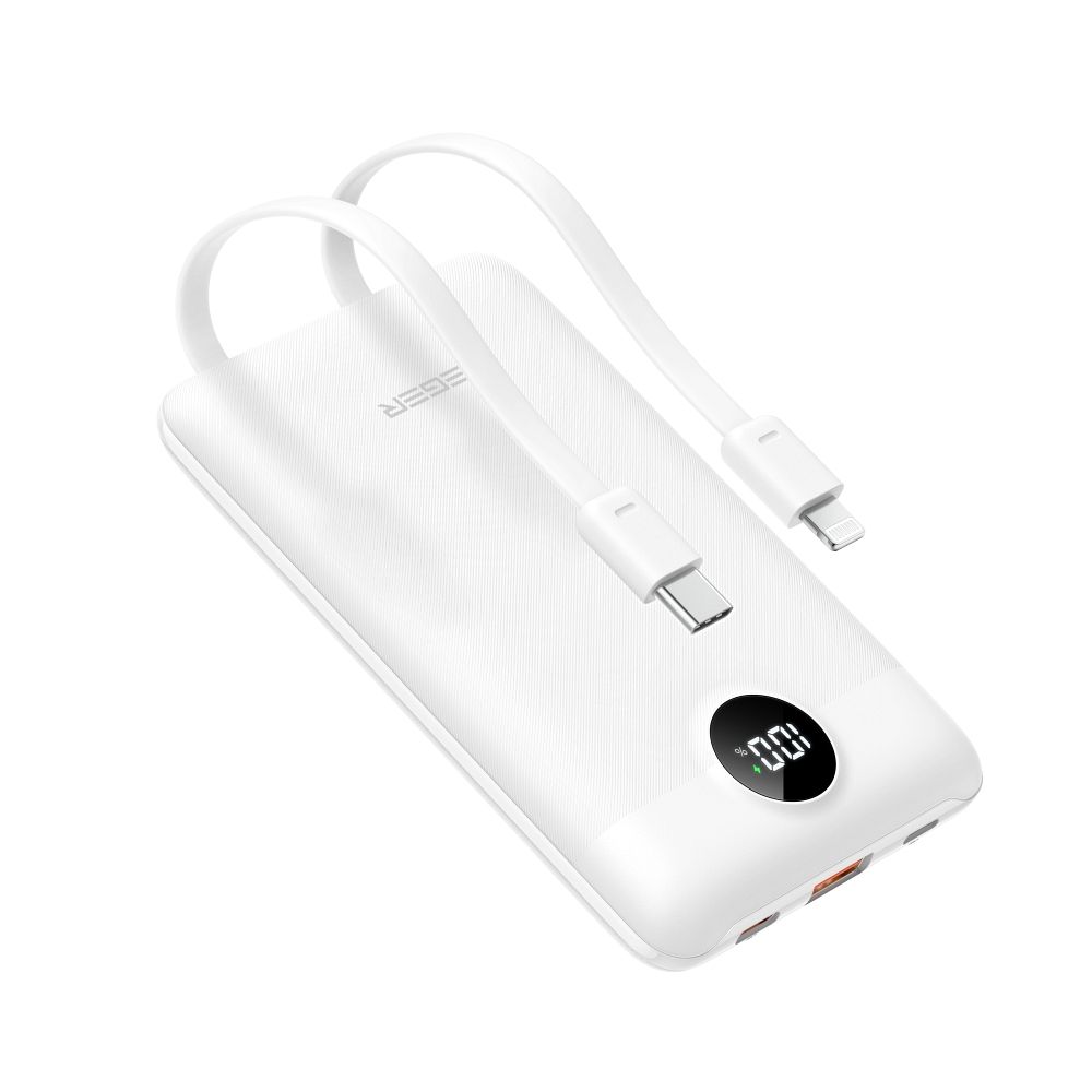 PowerBank VEGER 22.5W, 10.000 mAh, cu cabluri încorporate, alb