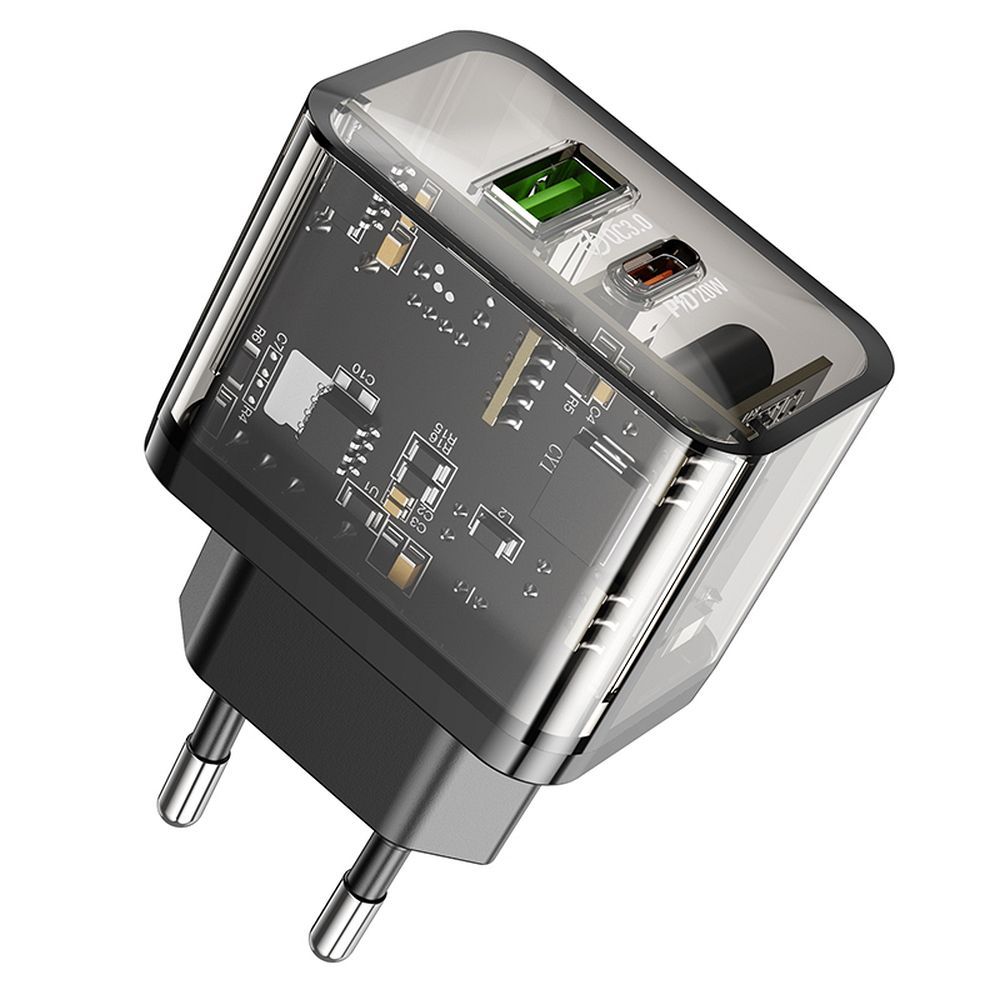 Încărcător telefon USB-A + USB-C, QC3.0 PD 3A, 20W, Hoco N34, transparent