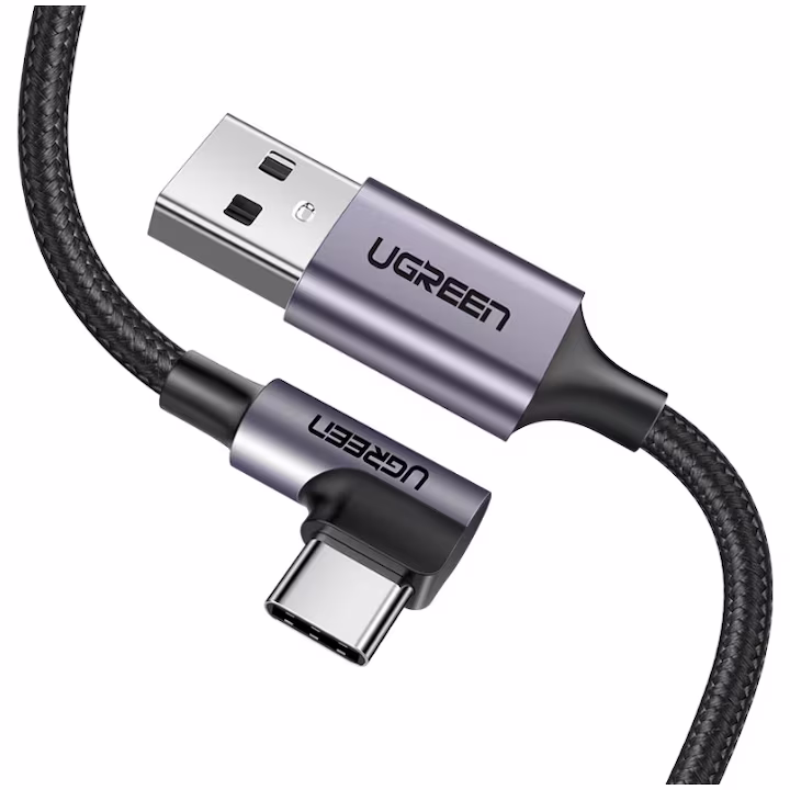 Cablu alimentare și date Ugreen, Fast Charging, USB-A la USB-C, 3A, Angled 90° braided, 2m, negru