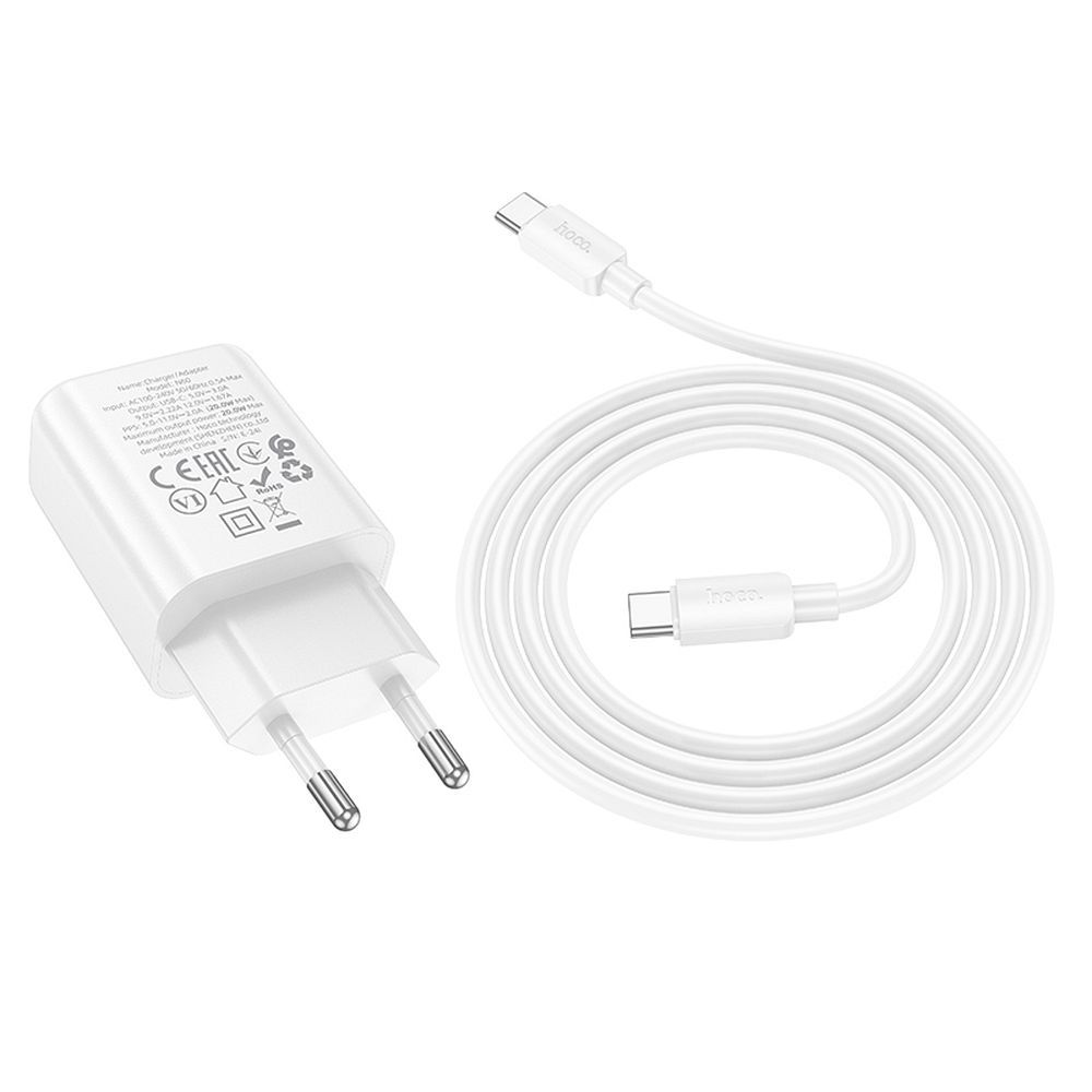Încărcător telefon USB-C cu cablu USB-C la Lightning, QC PD, 20W, Hoco N60, alb